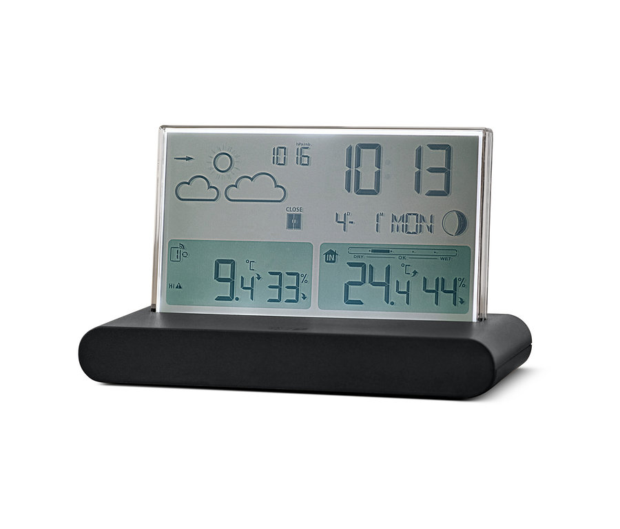 Eine Funk-Wetterstation mit Außensensor zeigt Temperatur und Luftfeuchtigkeit an.