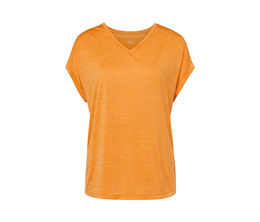 Orangefarbenes Funktionsshirt mit kurzen Ärmeln und V-Ausschnitt.