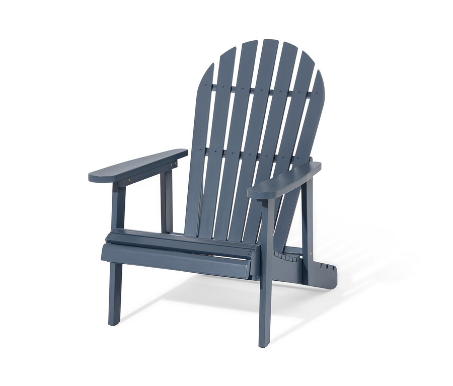 Ein einzelner grauer Adirondack Relax-Sessel mit ausziehbarer Fußlehne.