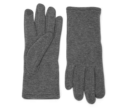 Zwei graue Handschuhe auf weißem Hintergrund.