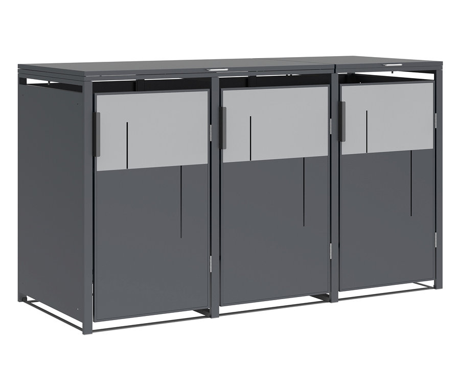 Drei graue Mülltonnen zur Mülltrennung mit Metallrahmen.