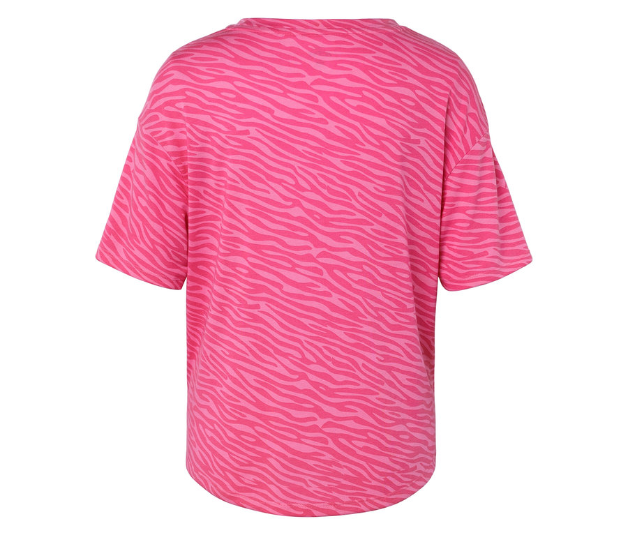 Rückansicht eines rosafarbenen T-Shirts mit Animal-Print.