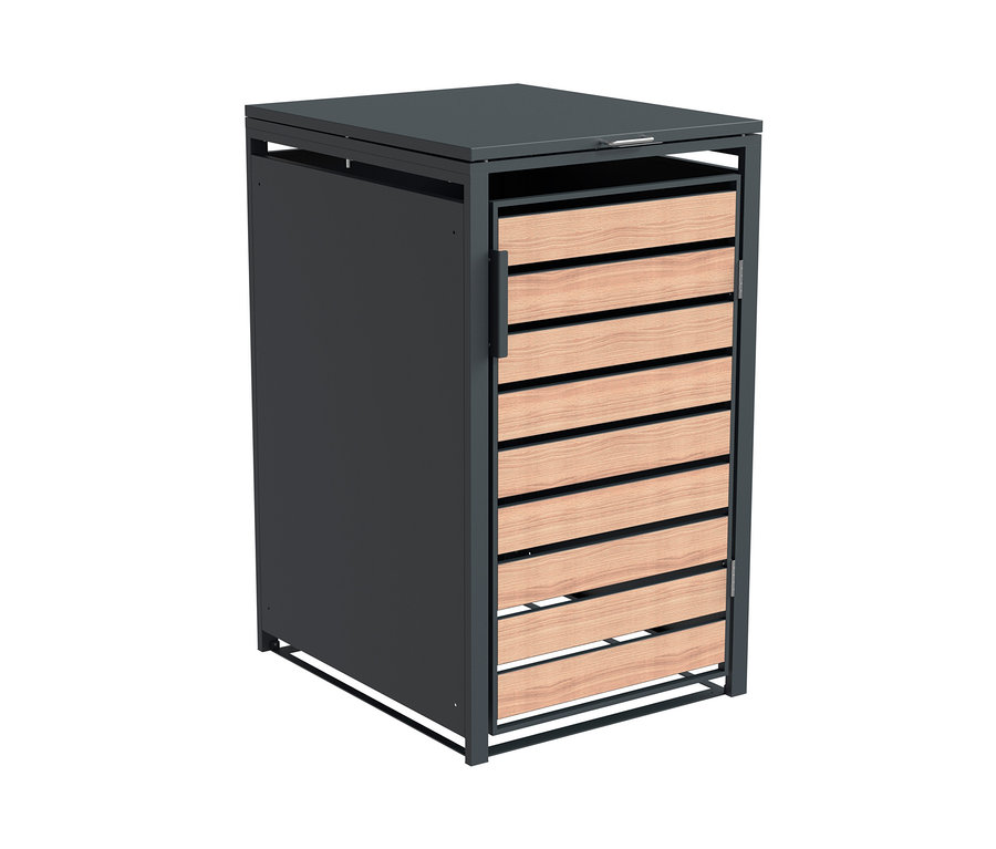 Eine graue Mülltonnenbox, 1er mit Lamellen aus hellem Holz.