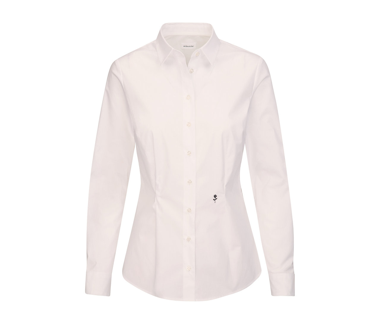 Weisse Seidensticker Slimfit Bluse mit langen Ärmeln und Knopfverschluss.