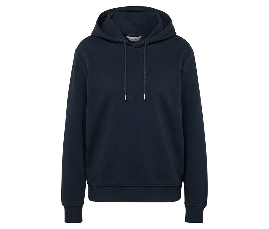 Dunkelblauer Hoodie mit Kordelzug.