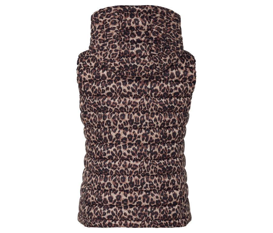 Detail einer Damen Steppweste mit Leopardenmuster.