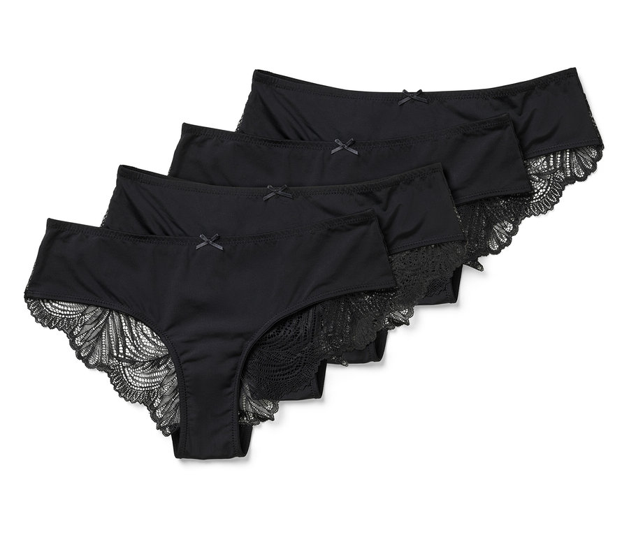 Vier schwarze Brazilslips mit Spitze.