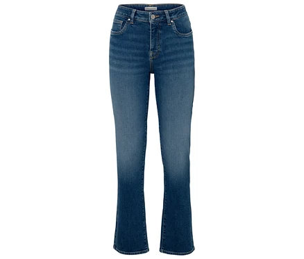 Blaue High-Waist-Jeans mit ausgestelltem Bein.