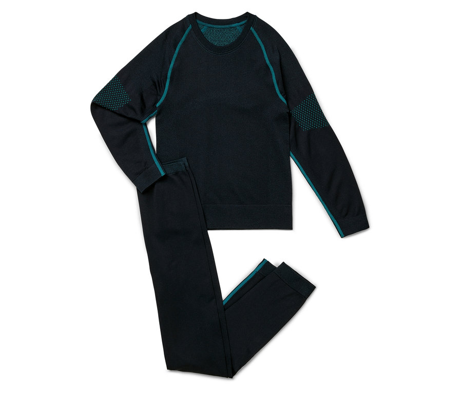 Schwarzes Thermoset, bestehend aus einem langärmeligen Oberteil und einer Hose mit türkisfarbenen Details, auf einem weißen Hintergrund.