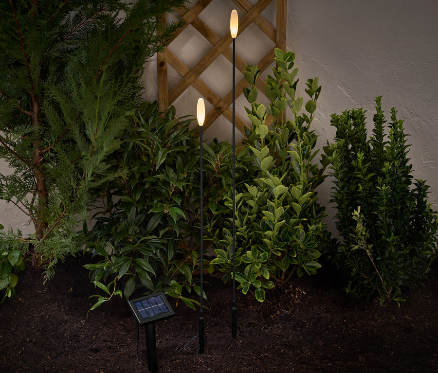 Zwei LED-Solar-Spieße leuchten im Garten zwischen Pflanzen.