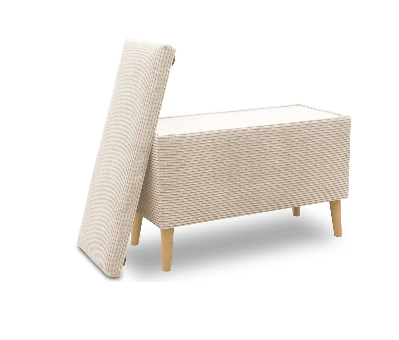 Ein cremefarbener DOMO Hocker mit Staufach, der Deckel ist offen.