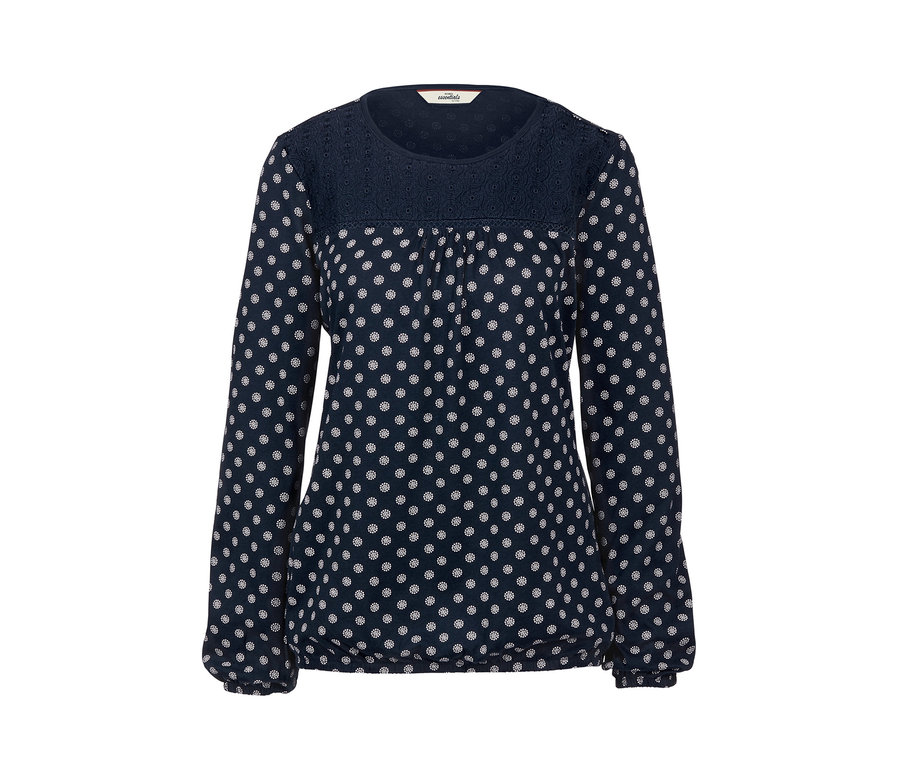 Blusenshirt mit Stickerei, langen Ärmeln und dunkelblauem Punktmuster.
