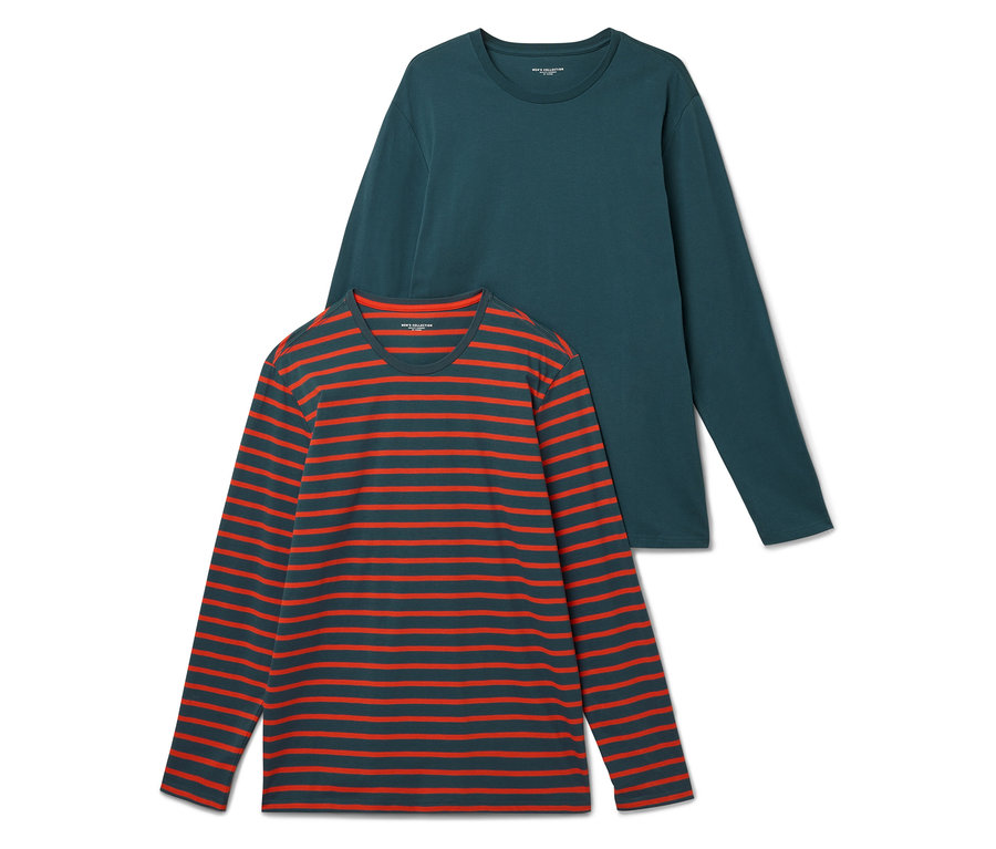 Zwei langärmelige T-Shirts: eines grün, eines mit roten Streifen auf dunkelgrauem Grund.