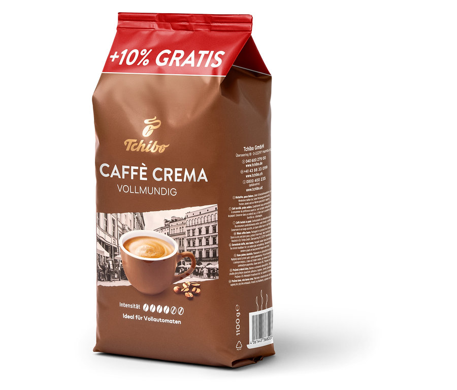 Eine Packung Caffè Crema Vollmundig - 1.1 kg Ganze Bohne von Tchibo.