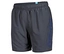 Dunkelgraue Badeshorts mit blauem Arena-Logo auf dem rechten Bein.