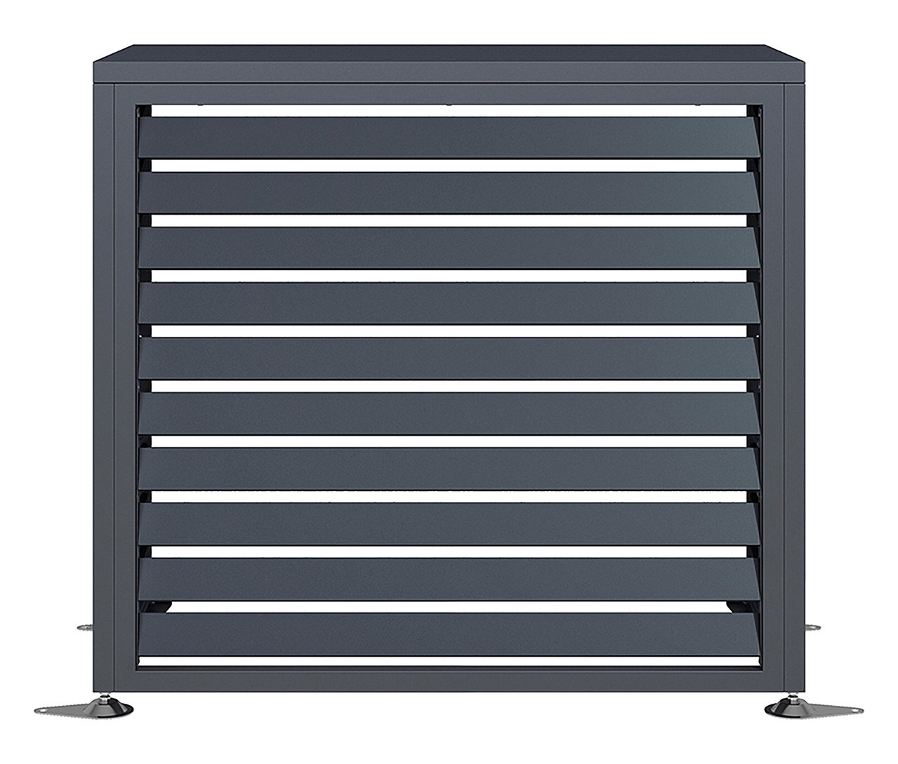 Ein grauer Sichtschutz mit horizontalen Lamellen steht auf einem weißen Hintergrund.