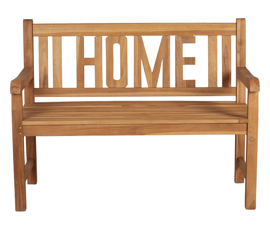 Die deVries Gartenbank »Home« ist aus hellem Holz gefertigt und hat die Aufschrift HOME in der Rückenlehne.