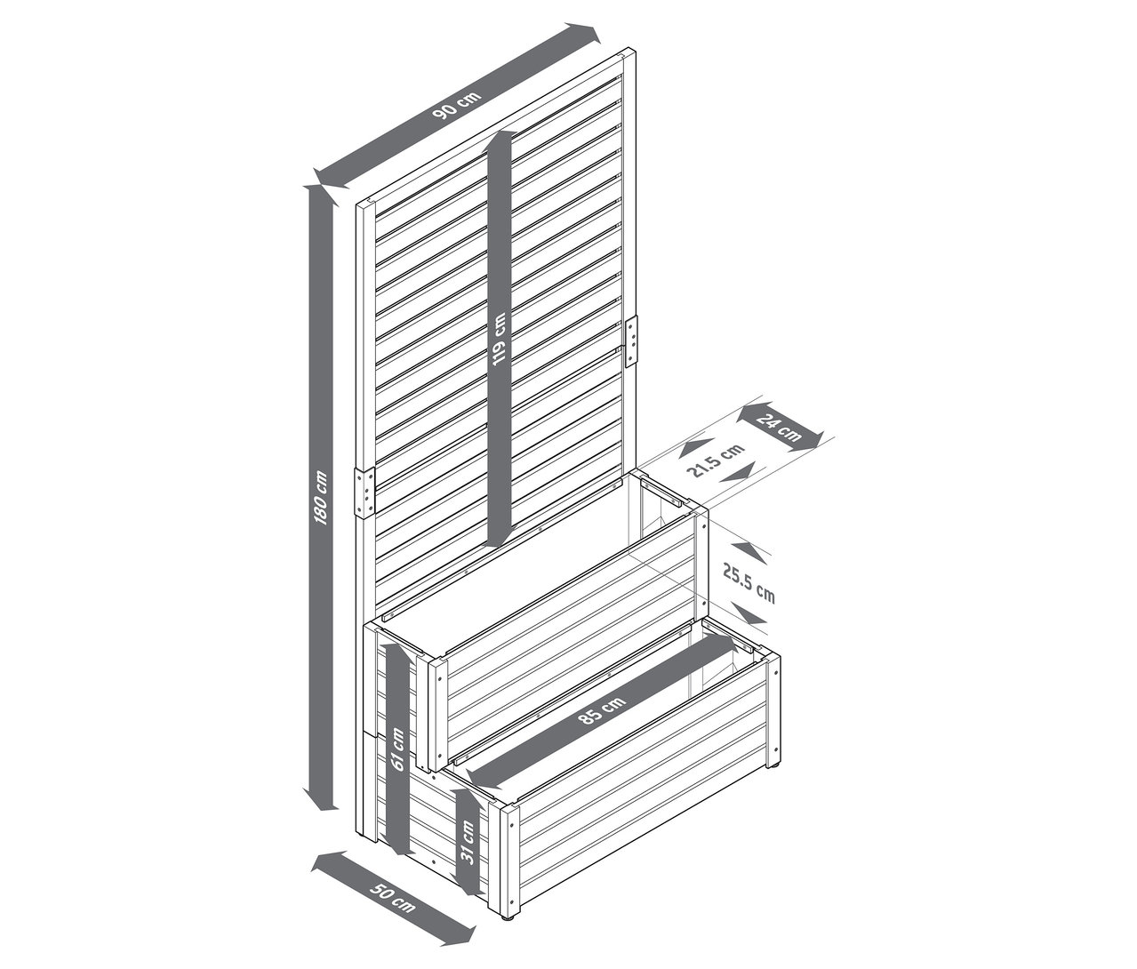 Draufsicht einer 2-in-1-Sichtschutz-Pflanztreppe mit Maßen.