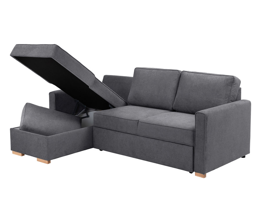 Graues Ecksofa mit offenem Bettkasten.