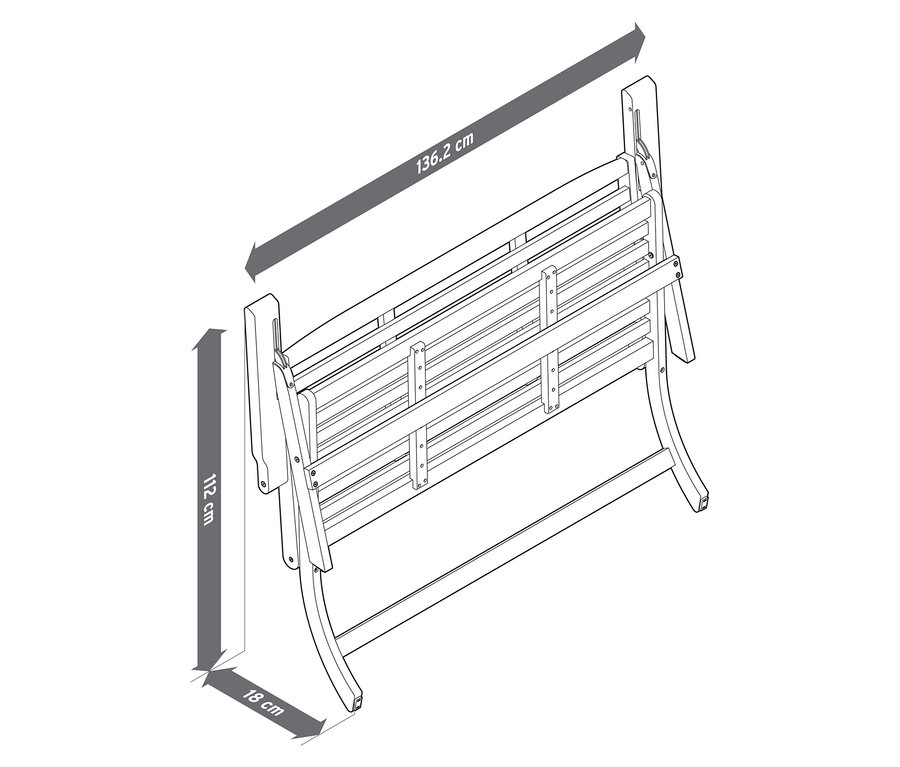 Illustration eines zusammenklappbaren Garten-Lounge-Sets mit Premium-Kissen, 4-teilig, mit Maßangaben.