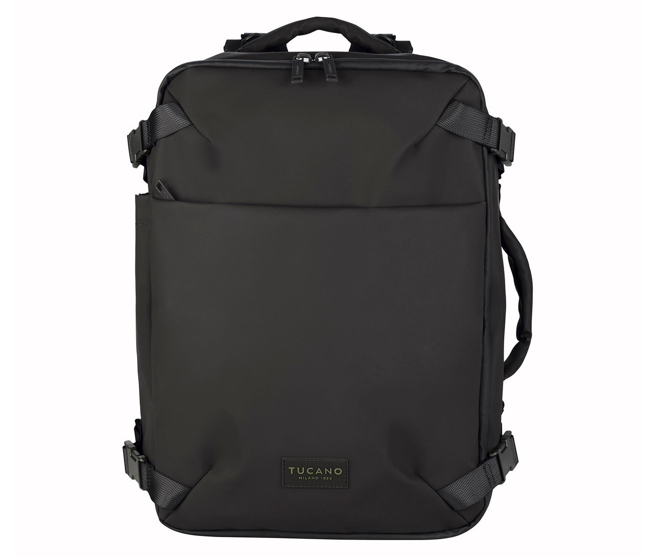 Schwarzer Tucano TUGO DRY Kabinenrucksack mit 15,6-Zoll-Laptopfach, von vorne gezeigt.
