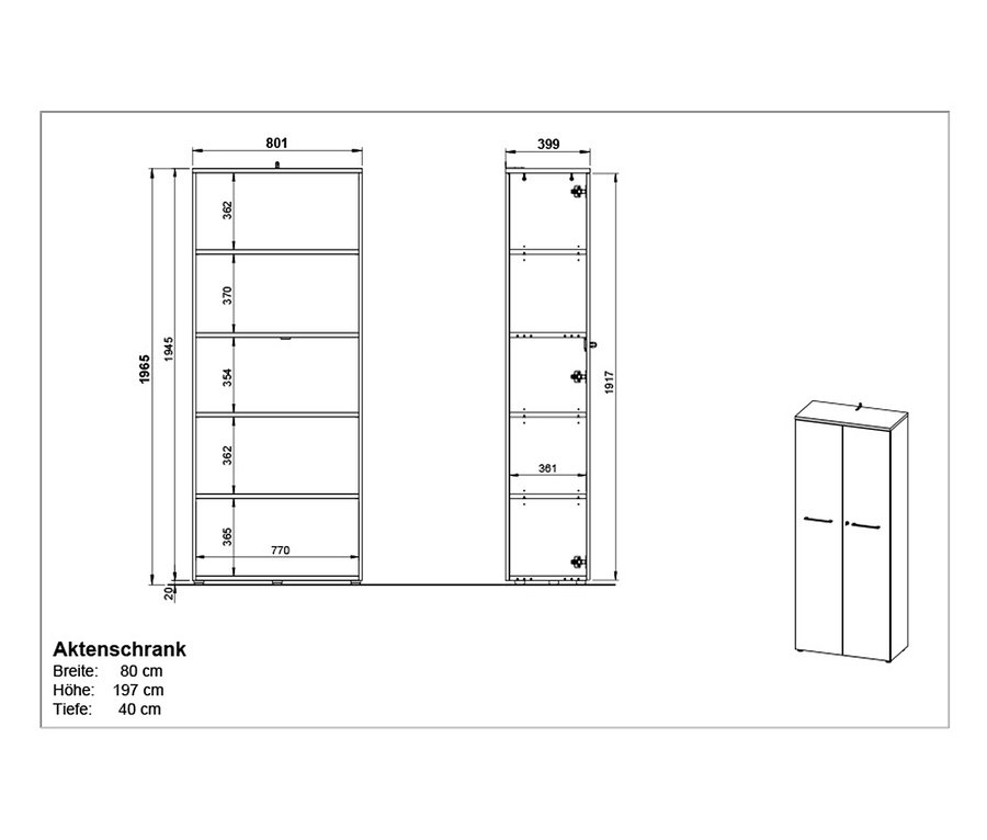 Technische Zeichnung eines großen Aktenschranks »Agenda« mit zwei Türen und Maßangaben.