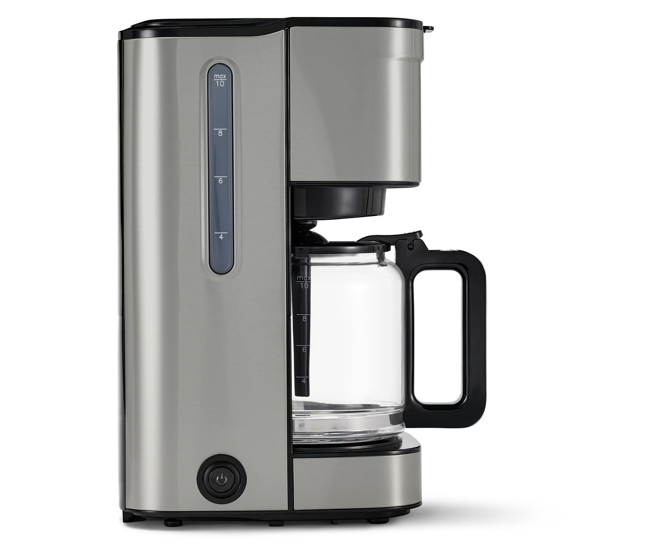 »Let's Brew Elegant« Filterkaffeemaschine in Silber. Die Kaffeemaschine hat eine Glaskanne.