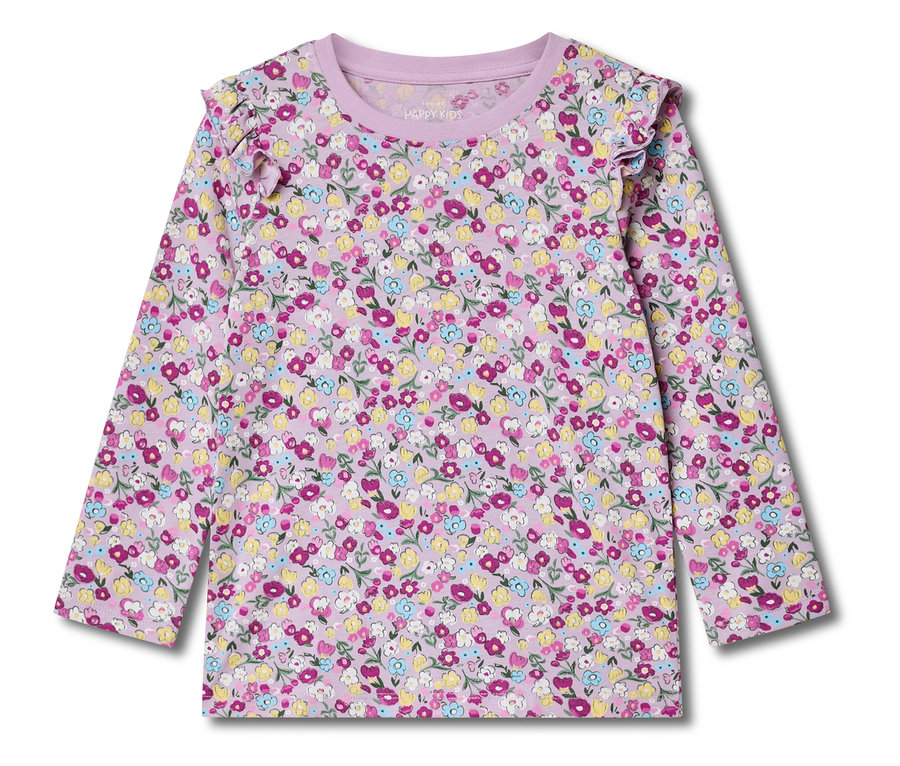 Langärmliges, hellviolettes Kinderoberteil mit Blumenmuster und Rüschen an den Schultern.
