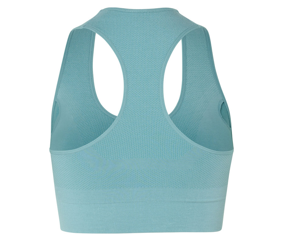Rückansicht eines helltürkisfarbenen Sport-BHs mit Racerback.
