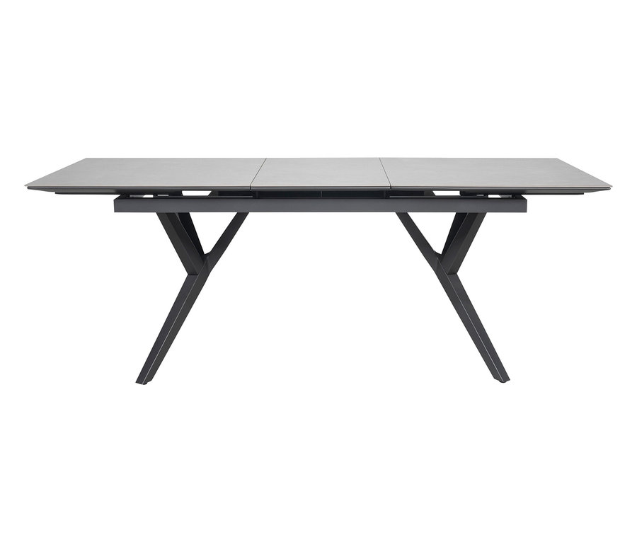 Der DeVries Ausziehtisch, 160/210, mit Gabel-Tischgestell ist grau und hat eine rechteckige Tischplatte.