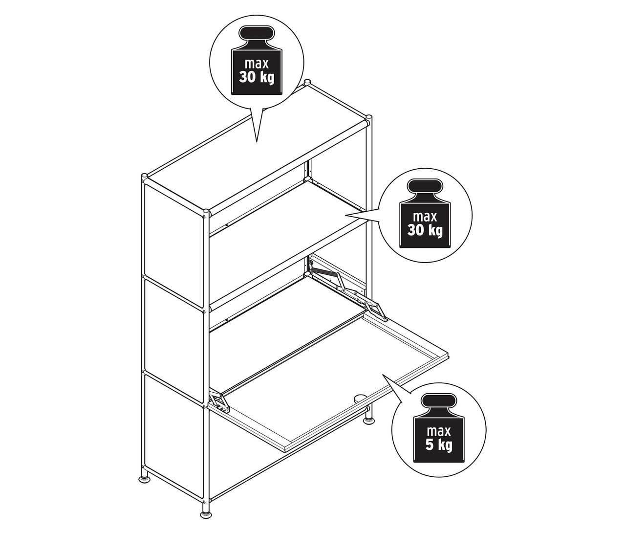 Draufsicht einer Metall-Kommode »CN3 Slim Line« mit zwei versetzbaren Klappenfächern, eines davon ist geöffnet.