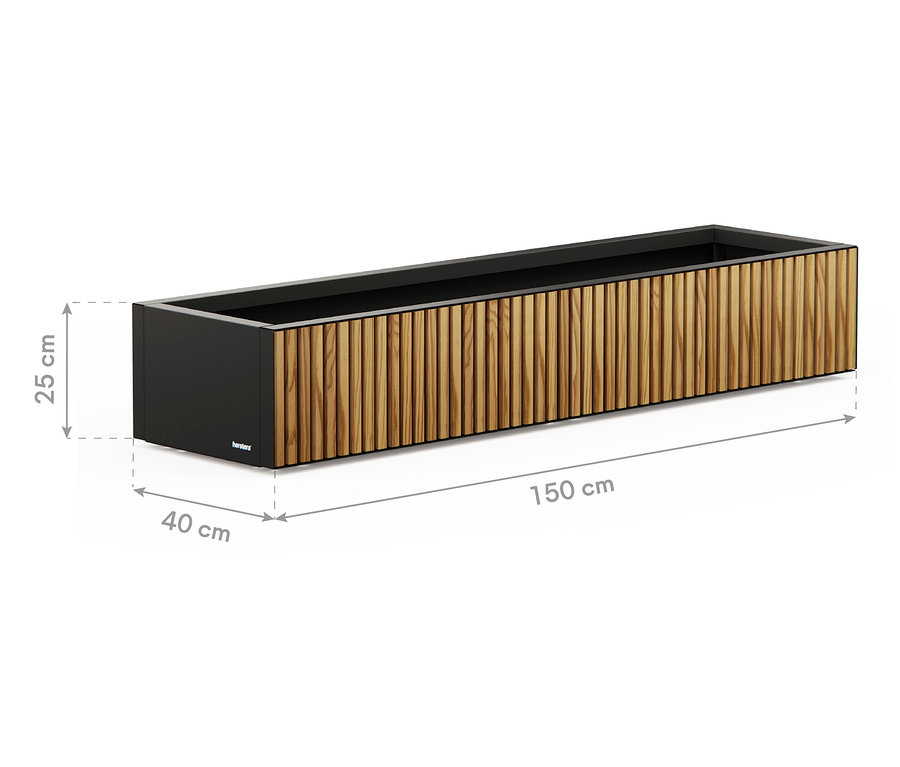 Abbildung eines rechteckigen Pflanzkastens mit Holzpaneelen und den Maßen 150 cm Länge, 40 cm Breite und 25 cm Höhe.
