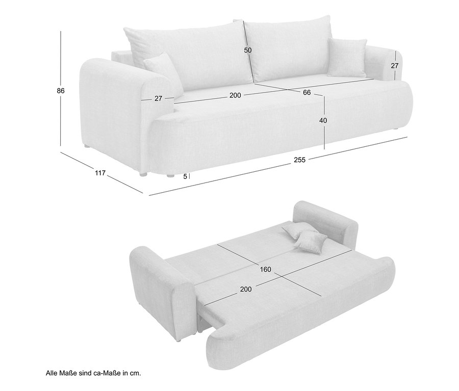 Abbildung eines cremefarbenen Schlafsofas mit Maßen. Die Maße des Sofas sind 86x117x255 cm. Die Maße der Schlaffläche sind 160x200 cm.