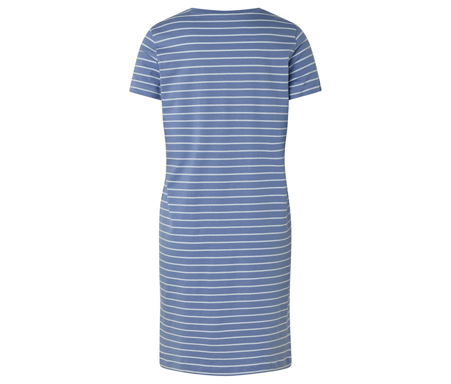 Rückansicht eines blau-weiß gestreiften, geraden T-Shirt-Kleides.