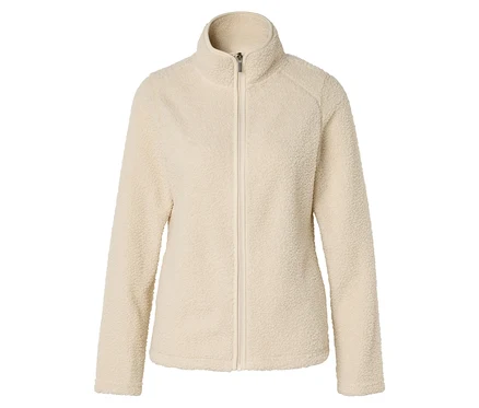 Beige Fleecejacke mit durchgehendem Reißverschluss und Stehkragen vor weißem Hintergrund.