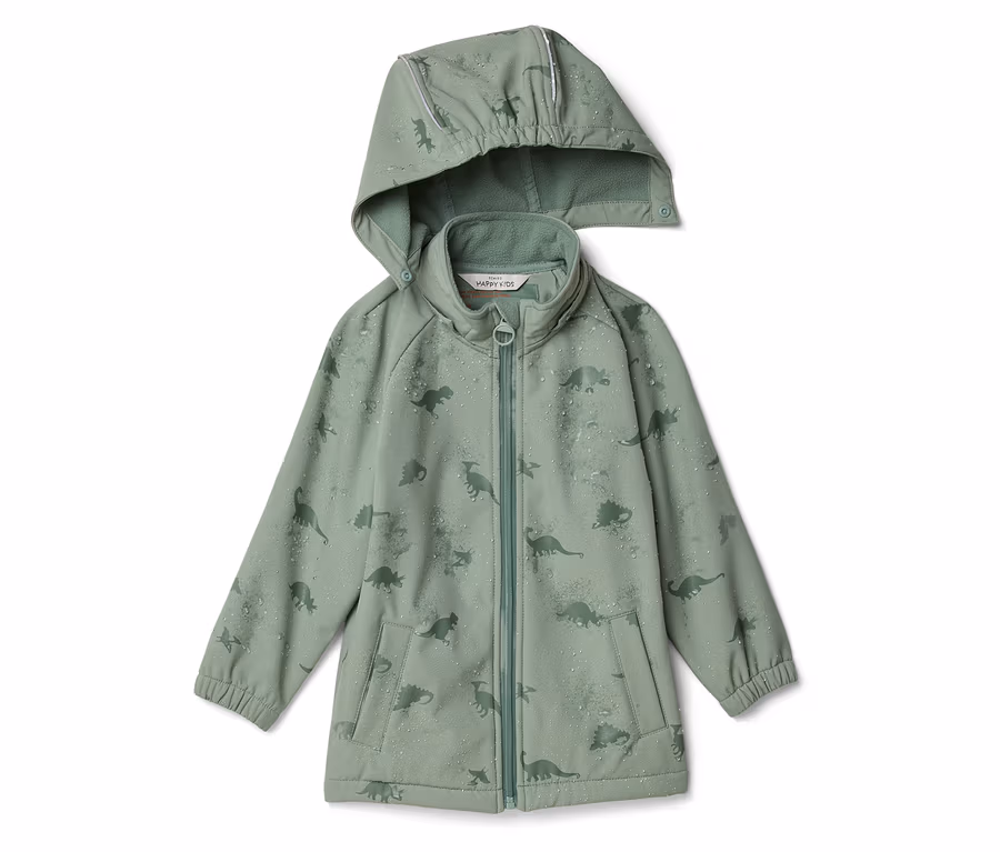 Grüne Kinder-Softshelljacke mit Kapuze und Dinosaurier-Muster, Frontreißverschluss und Taschen.