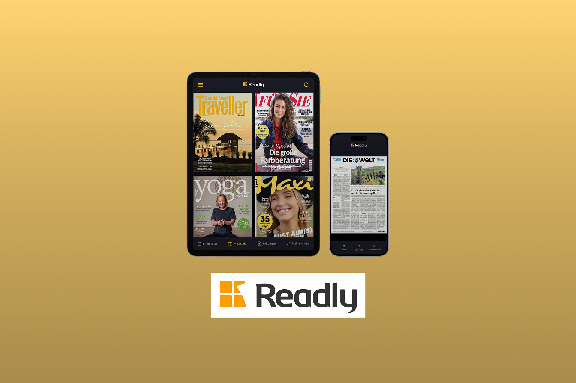Auf einem Tablet und Smartphone werden verschiedene Zeitschriften-Cover in der Readly-App angezeigt. Darunter sind "Traveller", "Yoga" und "Die Welt".