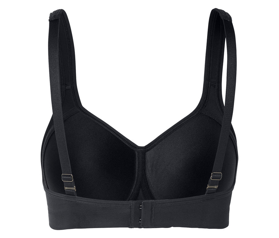 Schwarzer BH von hinten gezeigt, mit verstellbaren Trägern und Hakenverschluss.
