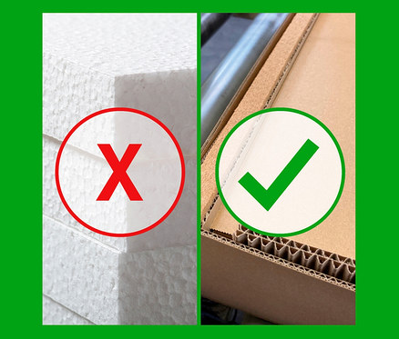 Auf der linken Seite ist ein rotes "X" über einer Styroporverpackung und auf der rechten Seite ein grünes Häkchen über einer Kartonverpackung.