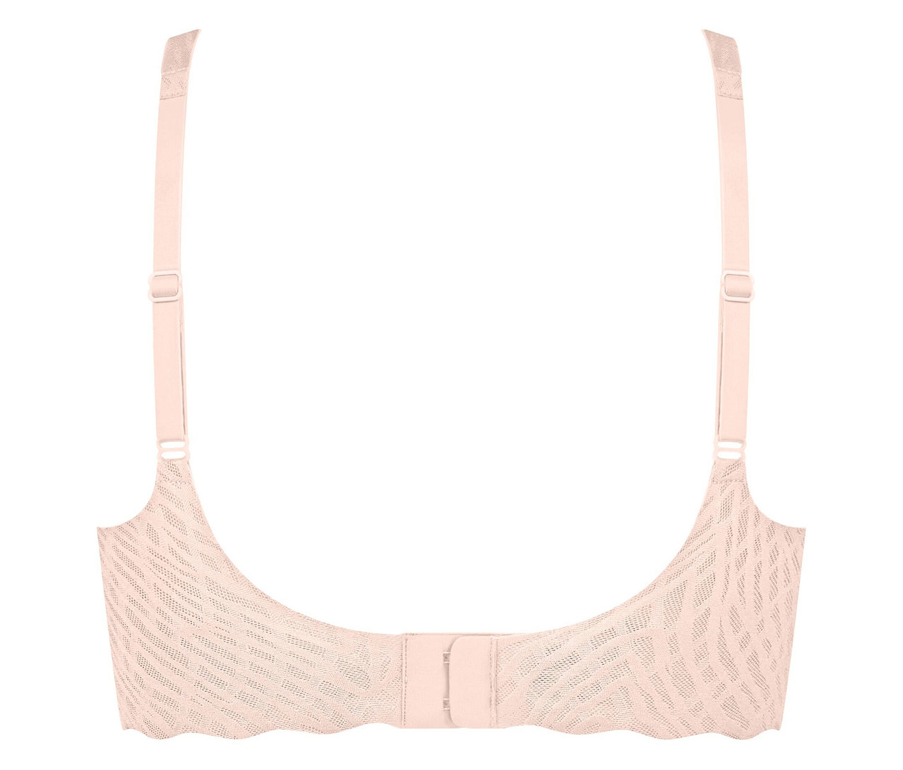 Nahaufnahme der Rückseite eines hellrosa BHs mit verstellbaren Trägern und Hakenverschluss.