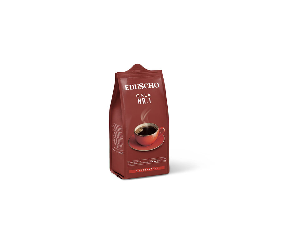 Eine braune Packung Eduscho Gala Nr. 1 mit einem Bild einer Tasse Kaffee.