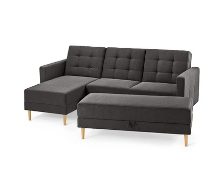 Dunkelgraues Federkern-Eckschlafsofa »Just Relax« mit Stauraumbank, linksseitiger Recamiere und Holzfüßen.