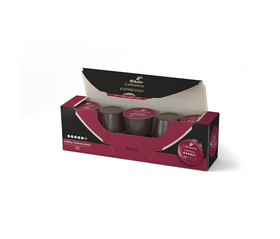 Offene dunkelrote Schachtel mit 10 Cafissimo Espresso kräftig Kaffeekapseln, die mehrere dunkelbraune Kapseln zeigt.