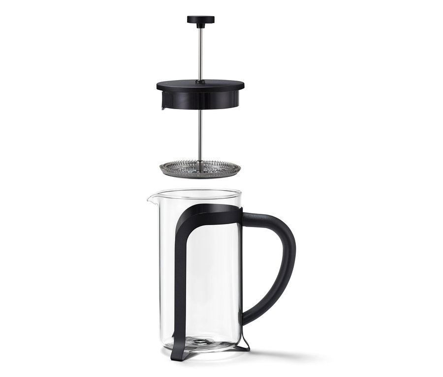 Eine zerlegte schwarze Siebstempelkanne 800 ml für 6 Tassen.