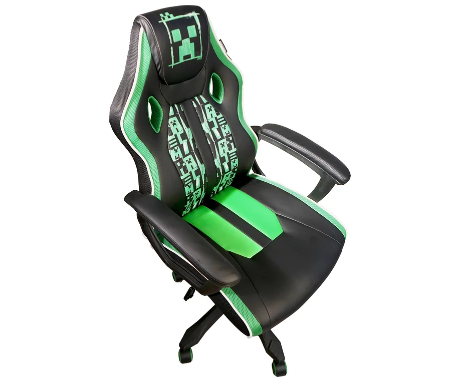 Ein schwarz-grüner Gaming-Stuhl mit einem Minecraft-Creeper-Design auf der Kopfstütze.