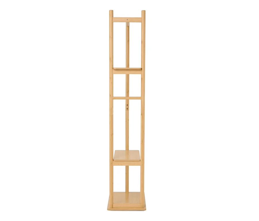 Ein hellbraunes Holzregal mit zwei Regalböden steht vor einem weißen Hintergrund.