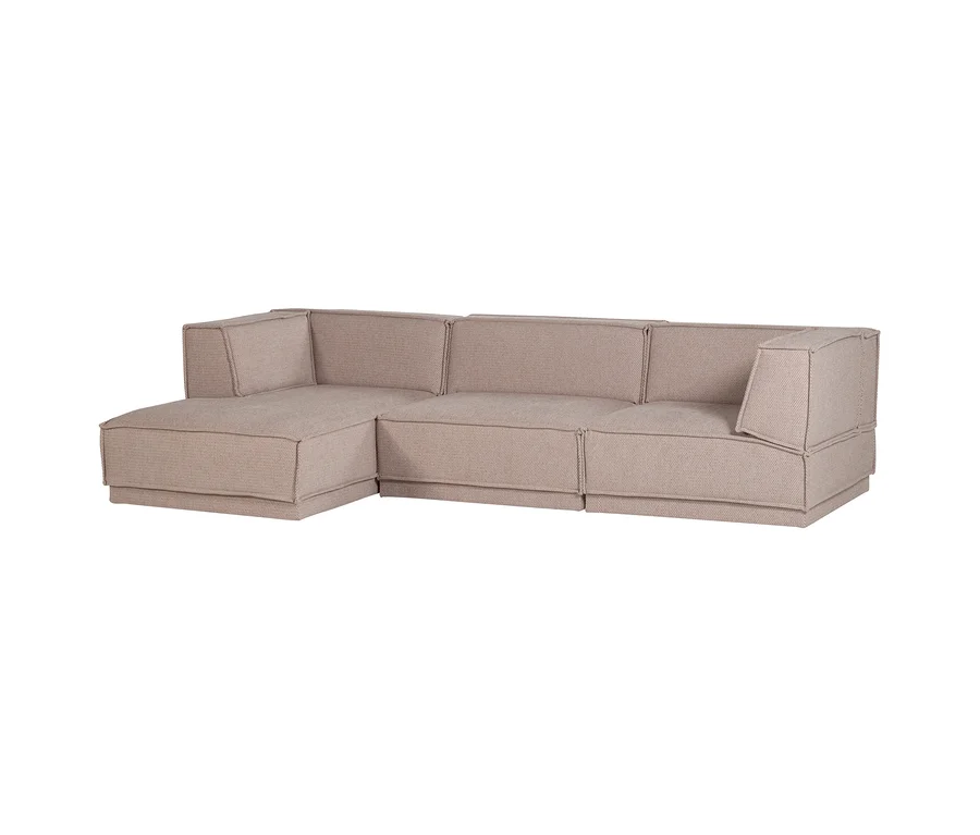 Beigefarbenes L-förmiges Ecksofa mit Chaiselongue auf der linken Seite, aus strukturiertem Stoff und modularem Design.