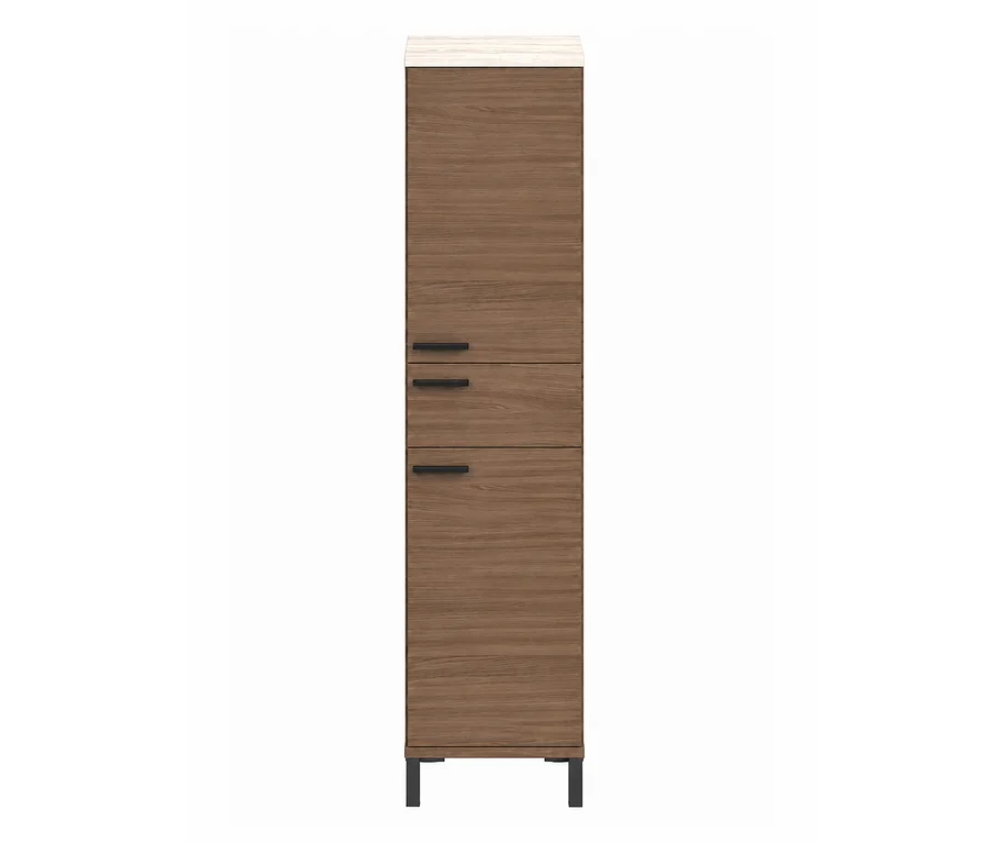 Großer brauner Badschrank »Ston« mit Holzmaserung, heller Platte und schwarzen Griffen.