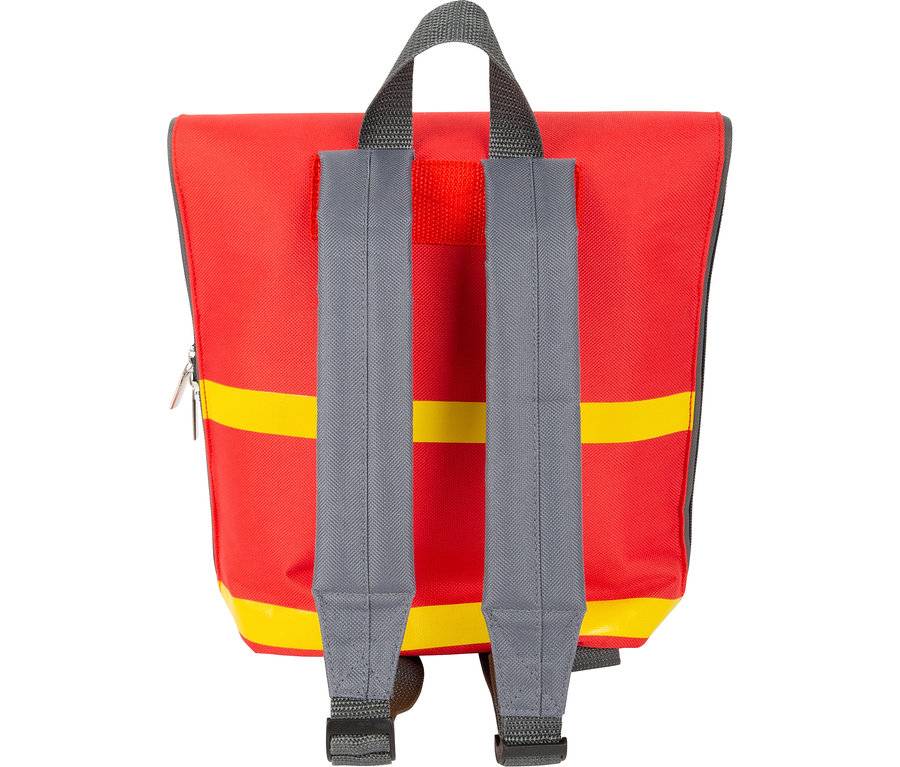 Roter Rucksack mit gelben Streifen und grauen Trägern. small foot Notarzt-Rucksack