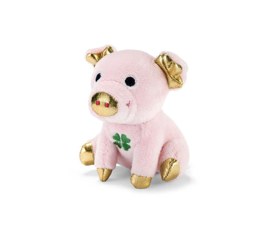 Sitzendes rosa Glücksschweinchen mit Sound, schwarzen Augen und goldenen Details.